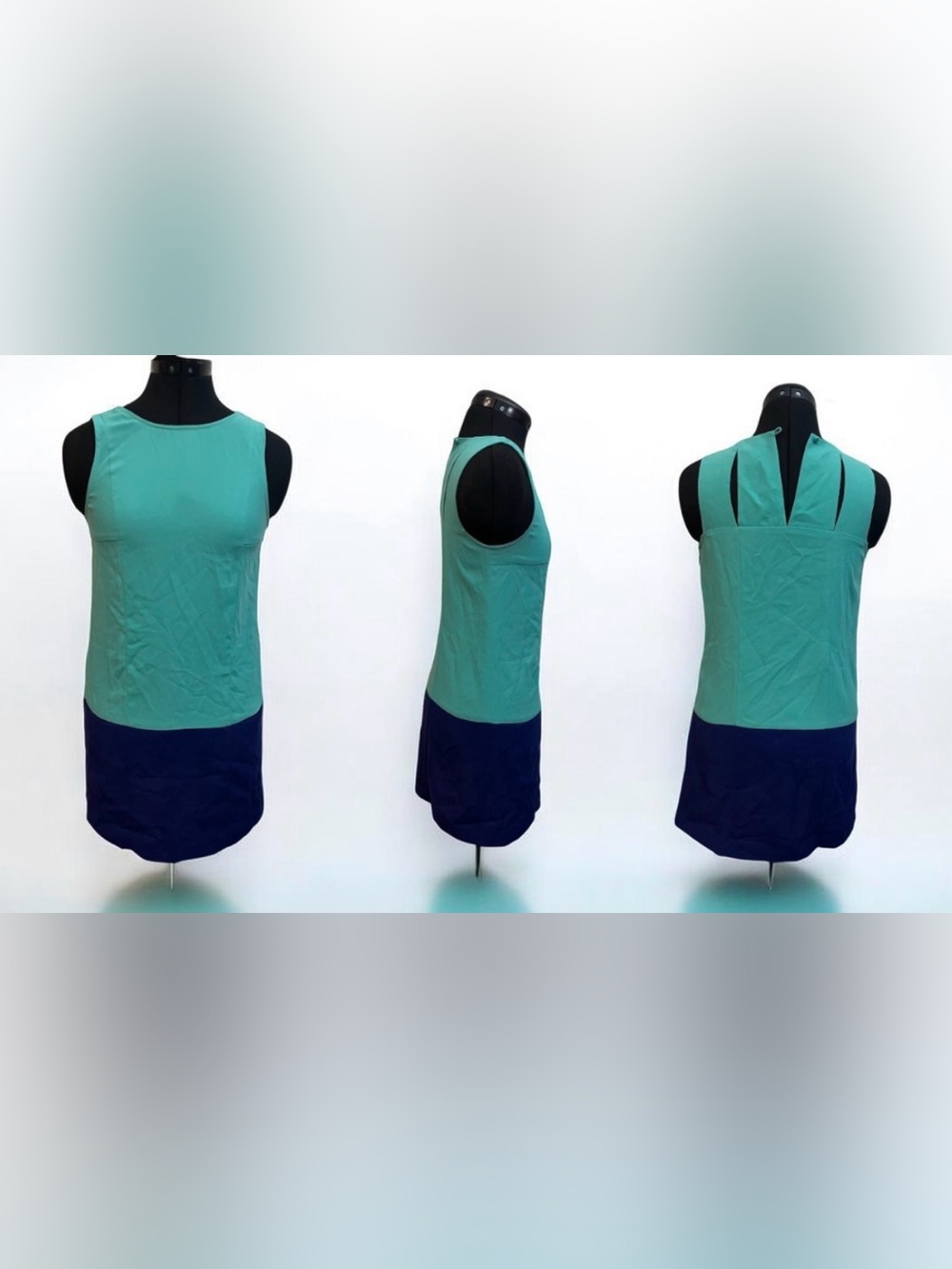 Sleeveless Two-Tone Shift Dress in Teal and Navy with pockets